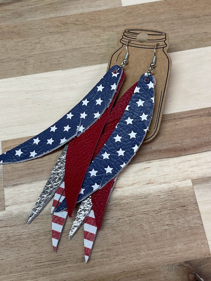 Red, White and Blue Feather Leather Earings